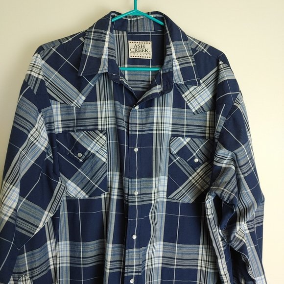Ash Creek Trading Men's Western Shirt Sz XL Navy Blue Plaid - Picture 2 of 8